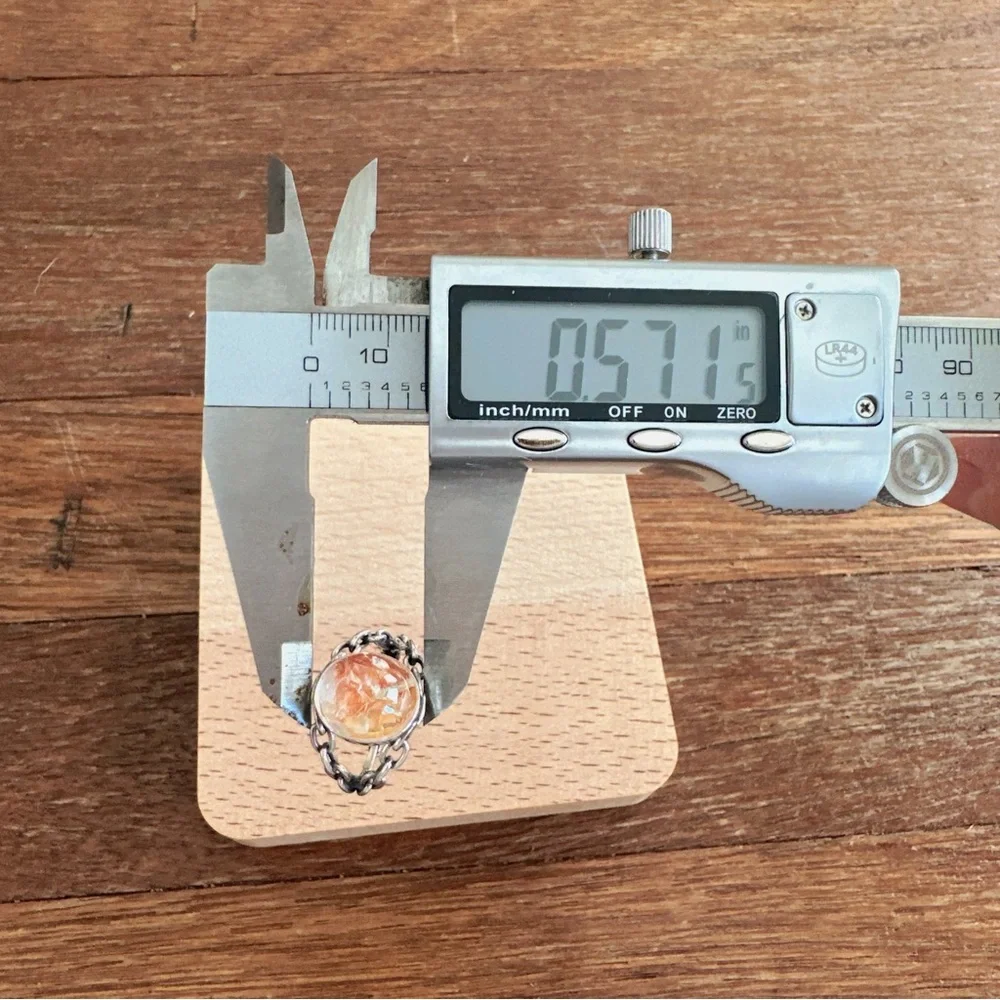 Handmade Natural Crystal Ring 925 Silver Chain Band Orange Inclusion Quartz